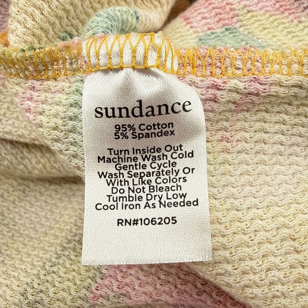 Sundance Floral Waffle Knit Thermal Top M Yellow Velvet Button Cuff Long Sleeve - Picture 6 of 8